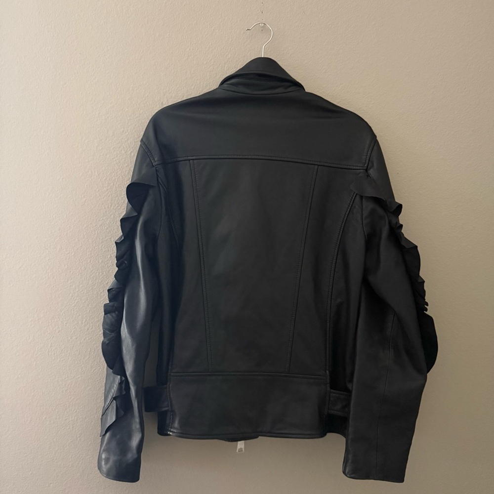 ALLSAINTS Black Leather Moto Jacket Ruffle Sleeve Detail Biker Belted Medium - Picture 4 of 7